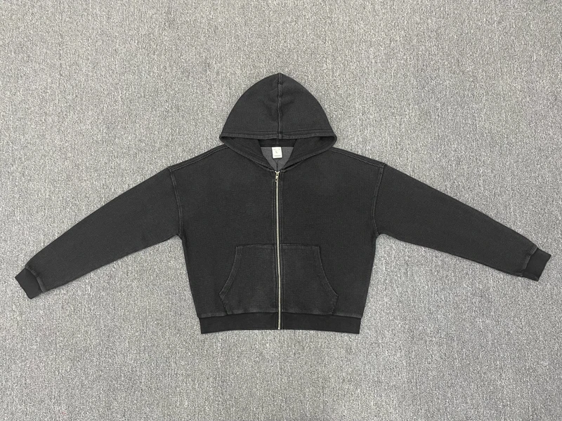 Waffle Knit Full Zip Hoodie for Men Vintage Washed Hooded Sweatshirt Casual Loose Cotton Kangaroo Pocket Streetwear Clothes