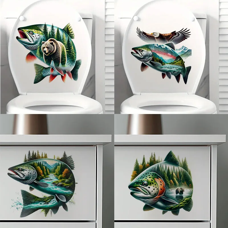 90651# Salmon Toilet Sticker, Durable Material, Perfect for Home Wall Decor, Aesthetic Room Decoration