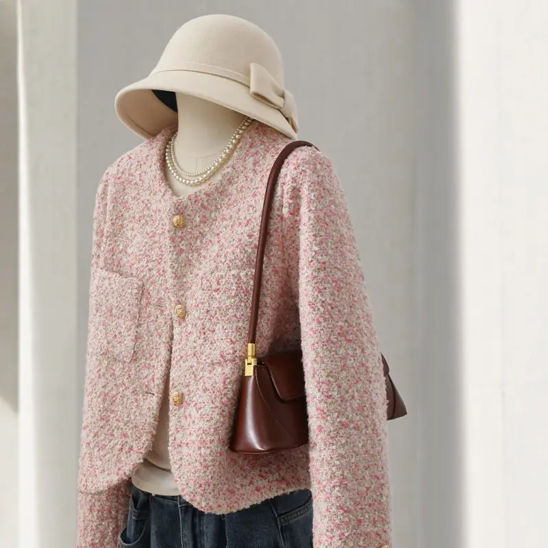 

Новинка весны 2025 года, розовая куртка с круглым вырезом, твидовый короткий модный универсальный топ с французским темпераментом