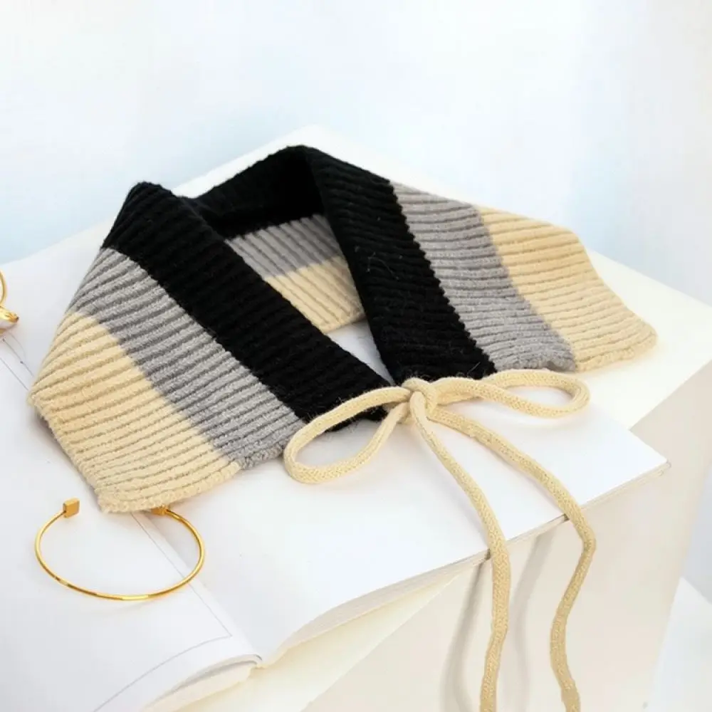 Women Striped Knitted Fake Collar Cape Autumn Winter Fashion Shawl Wrap Elegant Shoulder Warmer Soft Neck Cover Scarf