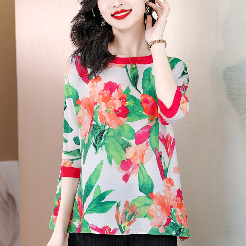 

Весна-лето, новая женская футболка больших размеров, свободный крой с цветочным принтом 5/6 Sve, круглый топ с рюшами, длина Ne ort