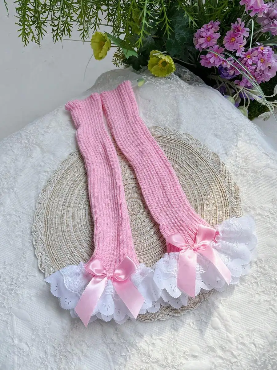 1 Pair Women's White Lolita Bow Lace Trim Flat Leg Warmers