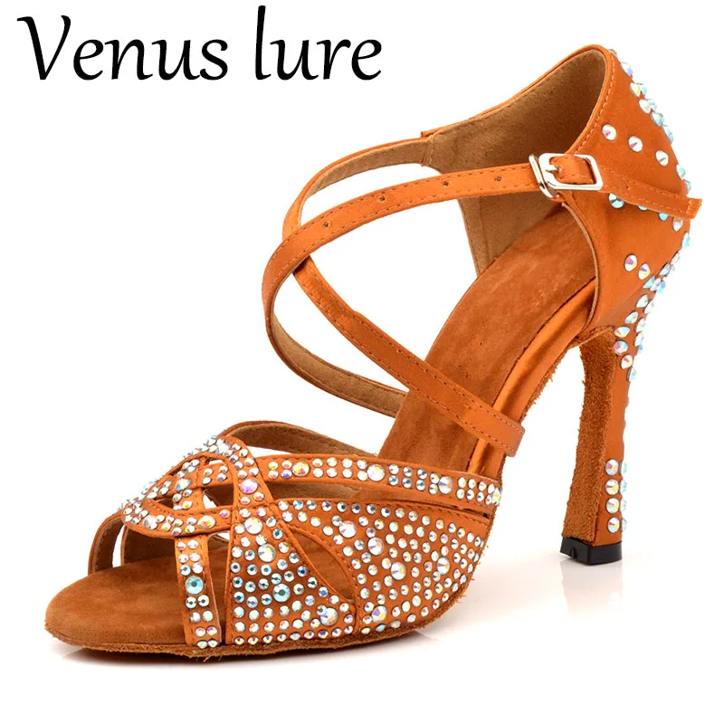 

Venus lure Tan Salsa Dance Shoes with Crystal Stones Suede Soles 10CM Dancing Shoes Bacha Latin Dance Heels