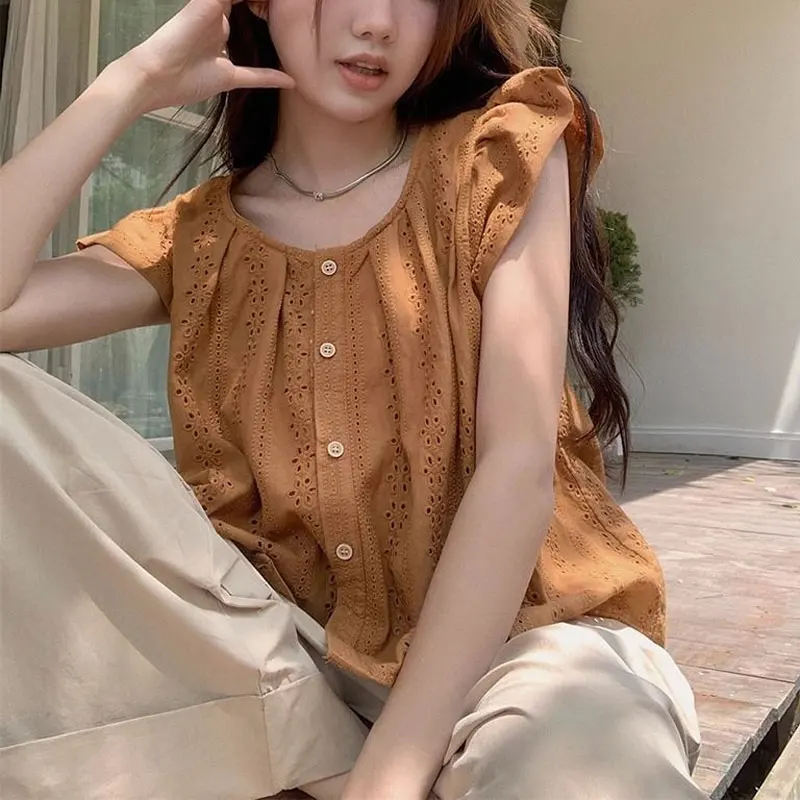 Vintage Lace Hollow Out Shirt Summer New Stylish Flying Sleeve Female Clothing Commute Single-breasted Solid Color Casual Blouse