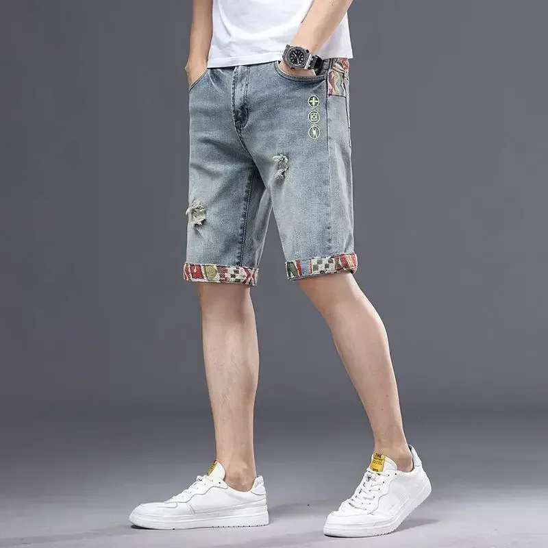 Male Denim Shorts Graphic Men's Short Jeans Pants Straight Ripped Embroidery Selvedge Trend 2024 Distressed Sale Harajuku Blue