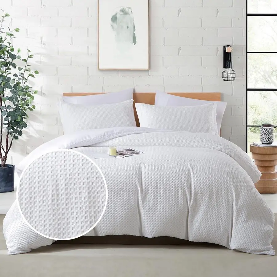 

Waffle Weave Duvet Cover King Size, 3PCS Microfiber Duvet Cover with 2 Pillow Shams, White Textured Soft Comforter Cover for All