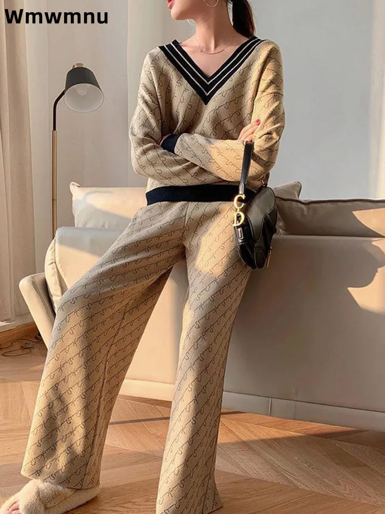 

Casual Fashion Wide Leg Pants Conjuntos Elegant Knitted Sweater Two Piece Set Women's Baggy Straight V-Neck Loose Outfit