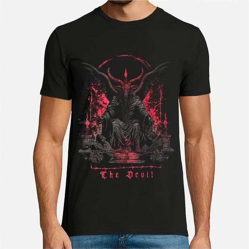 Summer Bestseller Men's Black Cotton Round-neck Short-sleeved T-shirt - Breathable and Soft with Bold Devil Pattern Print