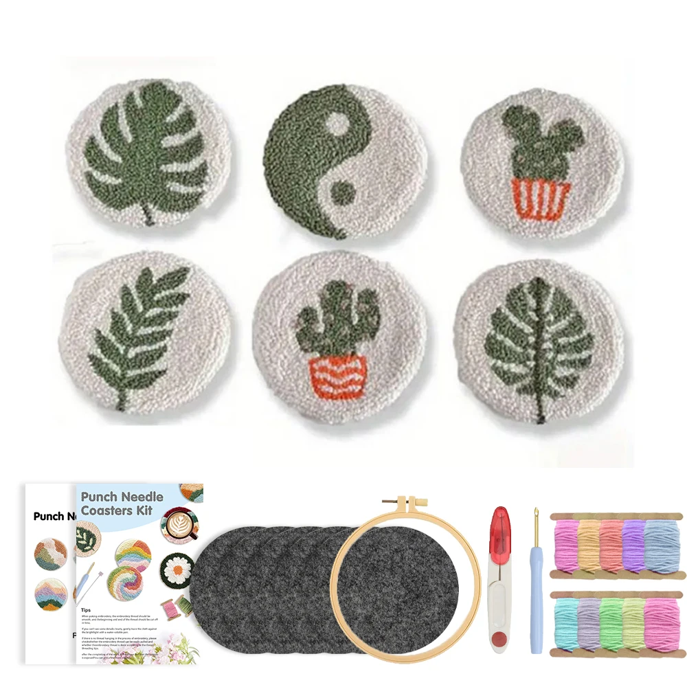 

DIY Punch Needle Coaster Set For Beginner 6pcs Flowers Punch Needle Embroidery Kit Animal Art Craft Painting Home Decoration