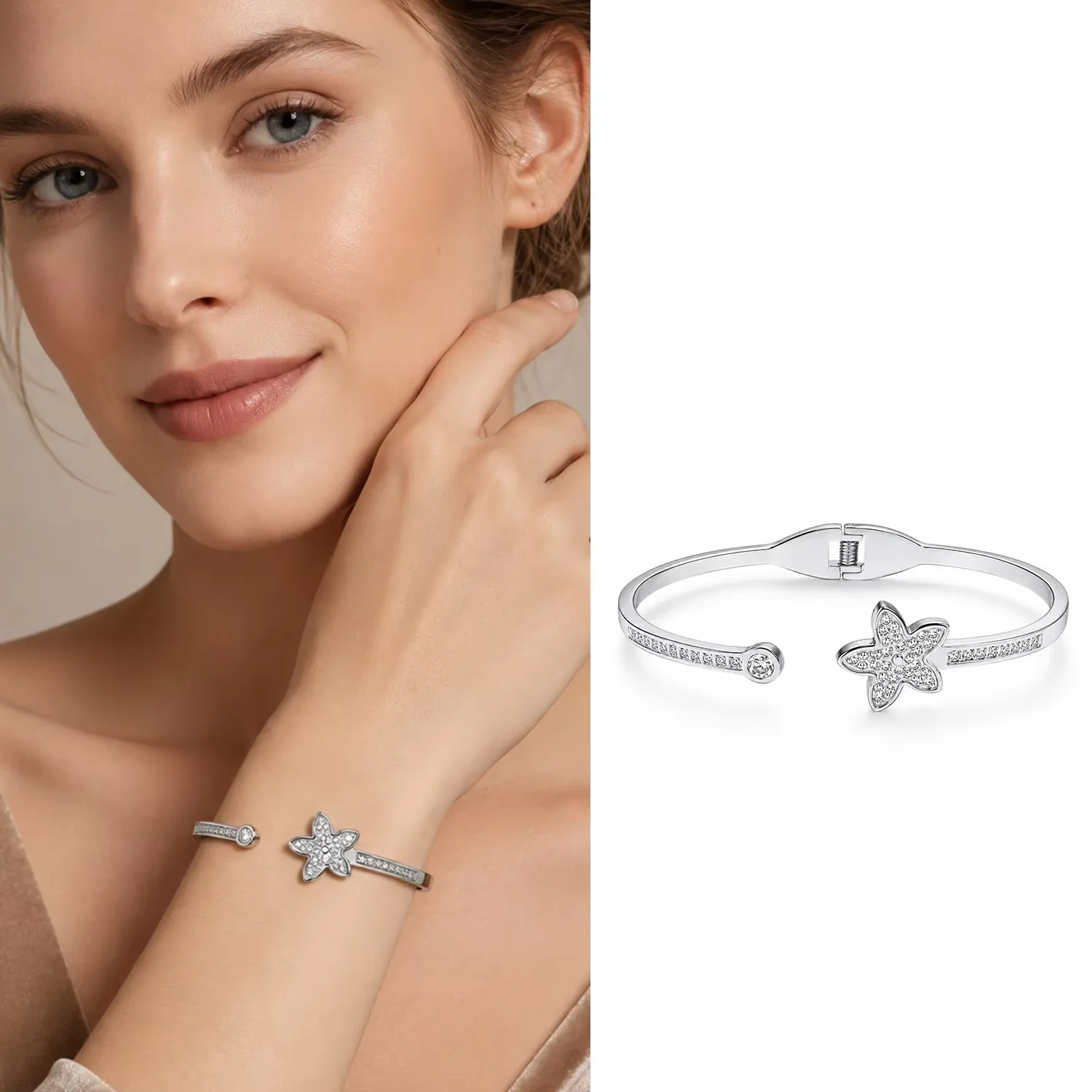 Women Delicate Star Shape Open Bangle Full Inlaid Shiny Stone Cuff Bracelet For Daily Dating Evening Holiday Occasions