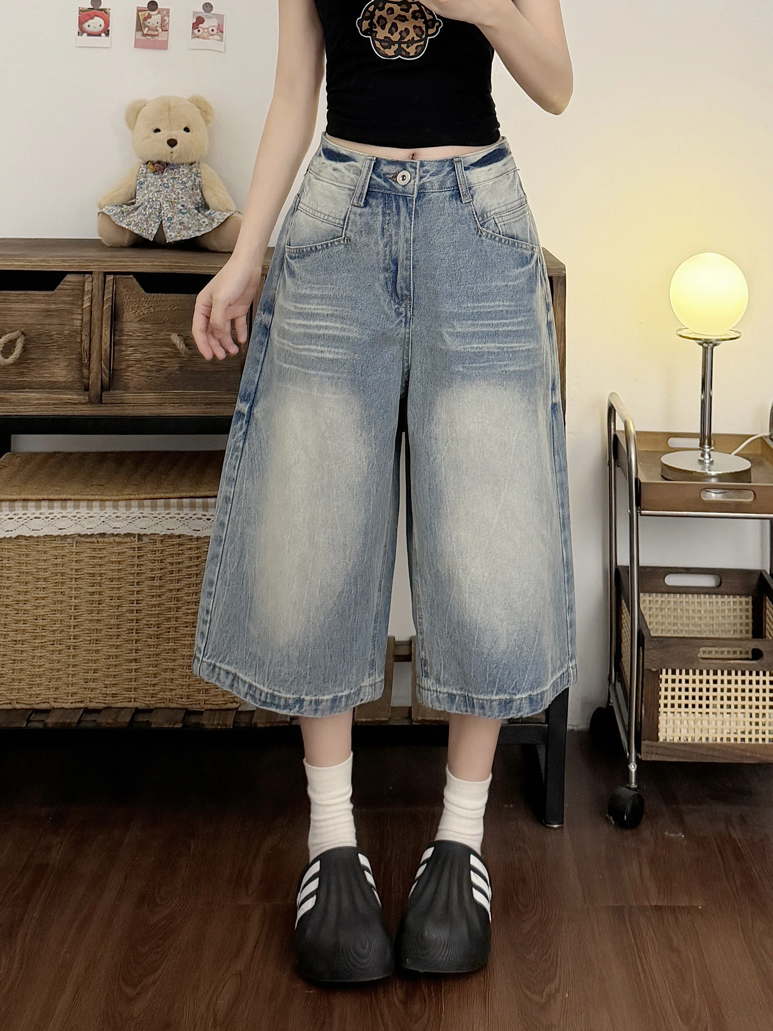 

American Style Loose Fit Light Blue Seven-Five Casual Jeans Women Summer plus Size Comfortable Slimming Straight Leg Pants
