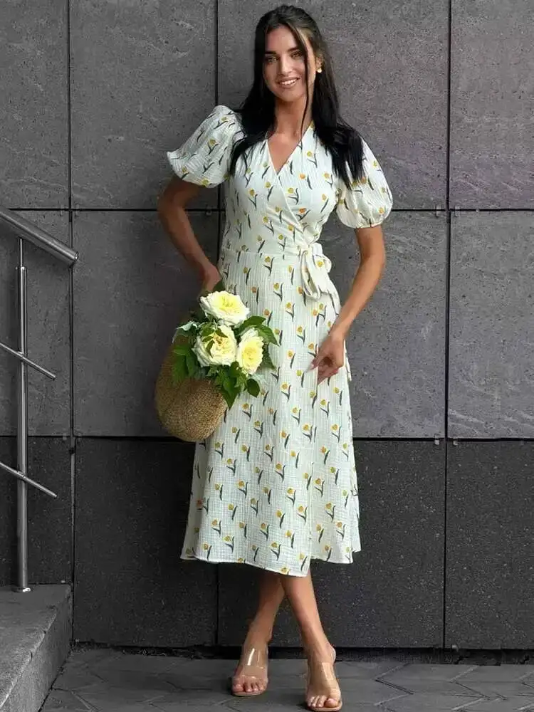 Sommerliches, leichtes, langes Damenkleid aus 100 % Baumwolle, A-Linien-Midikleid aus Musselin mit Seitenschlitzen, Blumen, elegantes beiges Kleid für Damen MS9