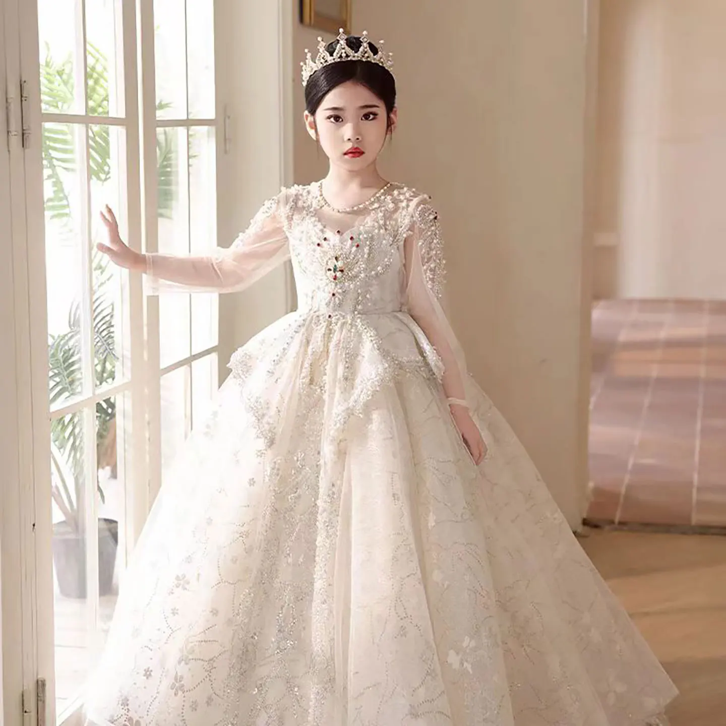 ชุดเดรสเจ้าหญิงสีขาวหรูหรา Jill Wish J003 สไตล์ดูไบ ประดับคริสตัล แขนยาว สำหรับเด็ก งานแต่งงาน งานวันเกิด งานเลี้ยง ชุดราตรีทรงบอลกาวน์