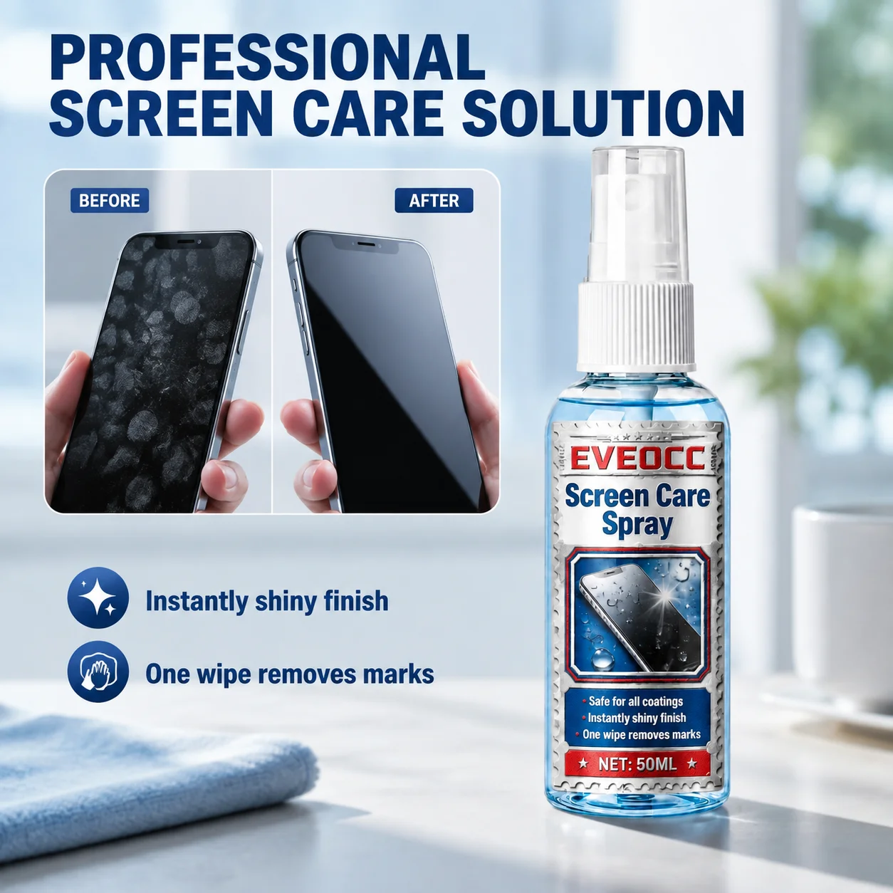 EVEOCC Screen Care Spray 50ml, Safe for All Coatings Screen Cleaner Removes Fingerprints Marks for Phone Laptop Monitor