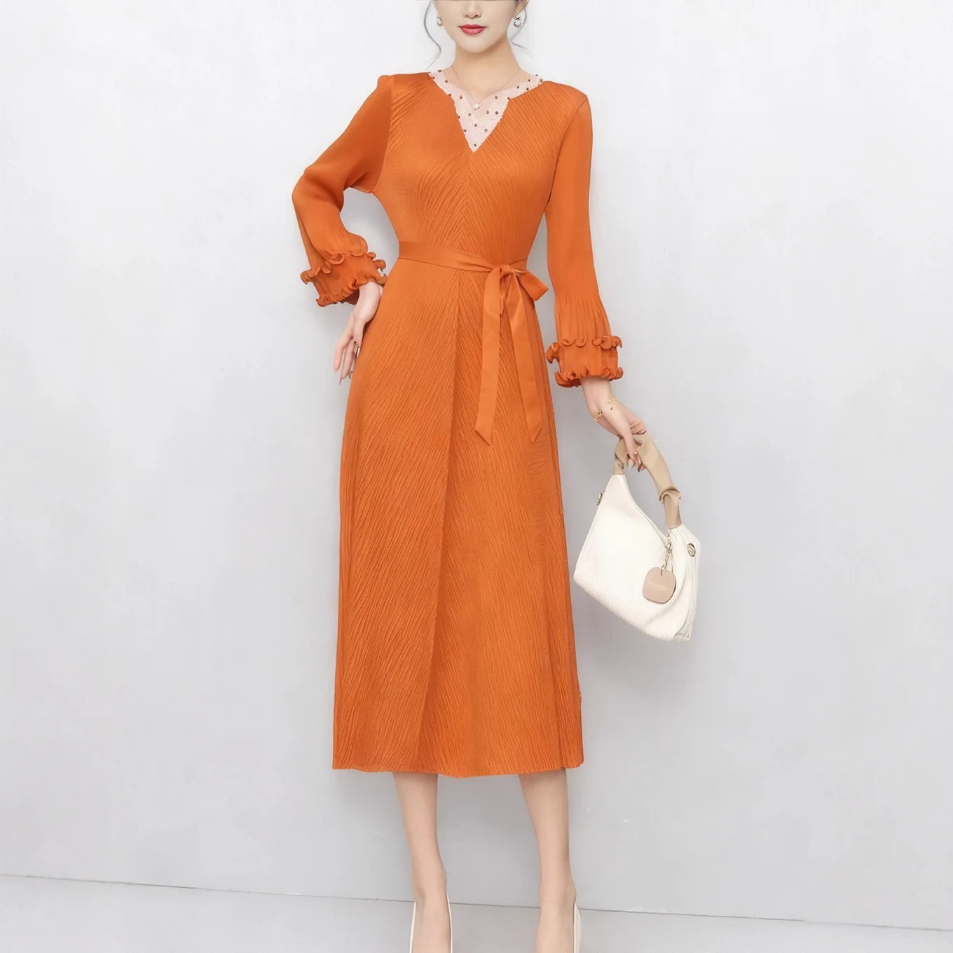 Ele Pleated Midi Dr Women's Long Sve Bell Sve Floral  A-Line Skirt Polyester Knitted Dr for Busin Casu...