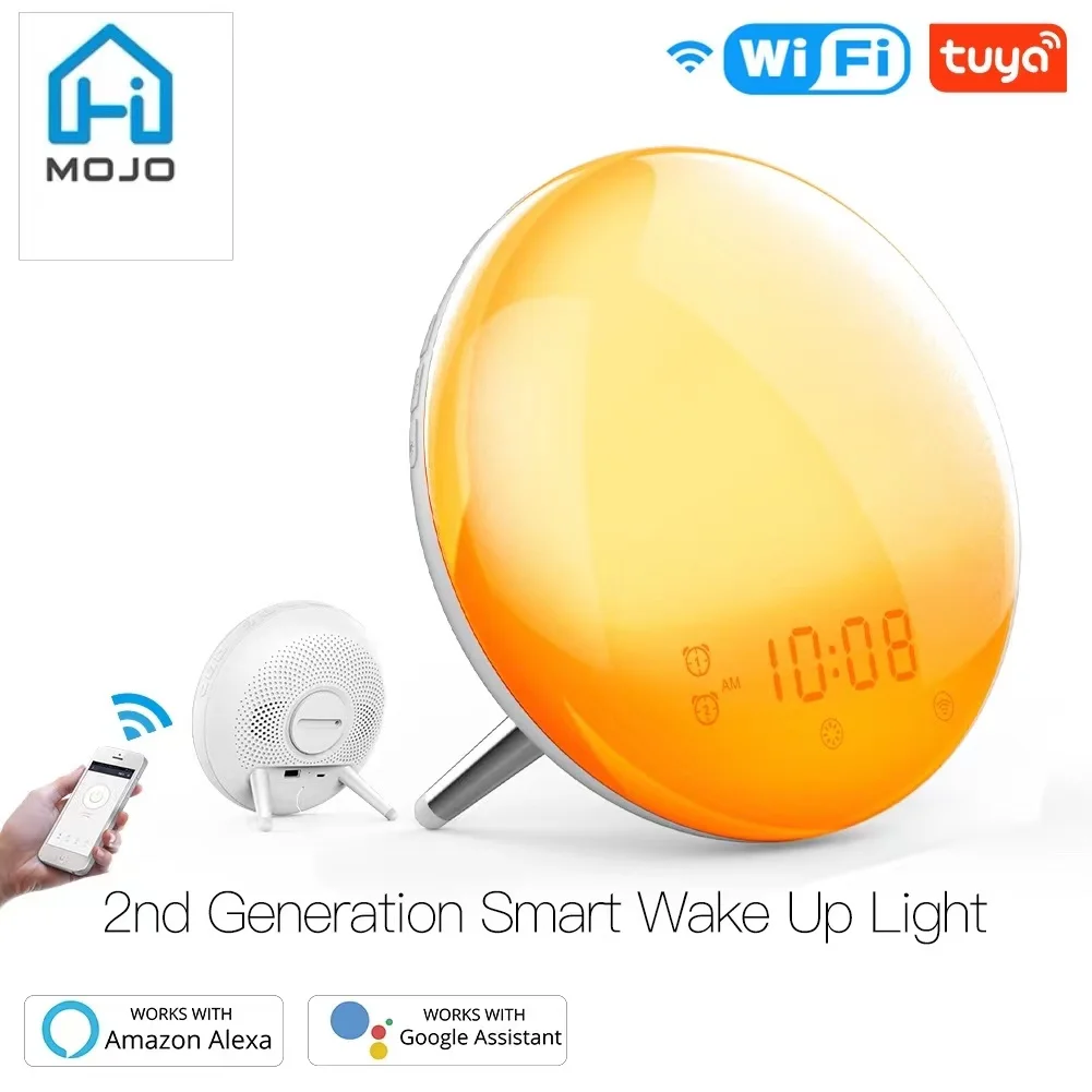 Tuya WiFi Smart Wake Up Light Workday Alarm Clock with 7 Colors Sunrise/Sunset Smart Life APP Works with Alexa Google Home