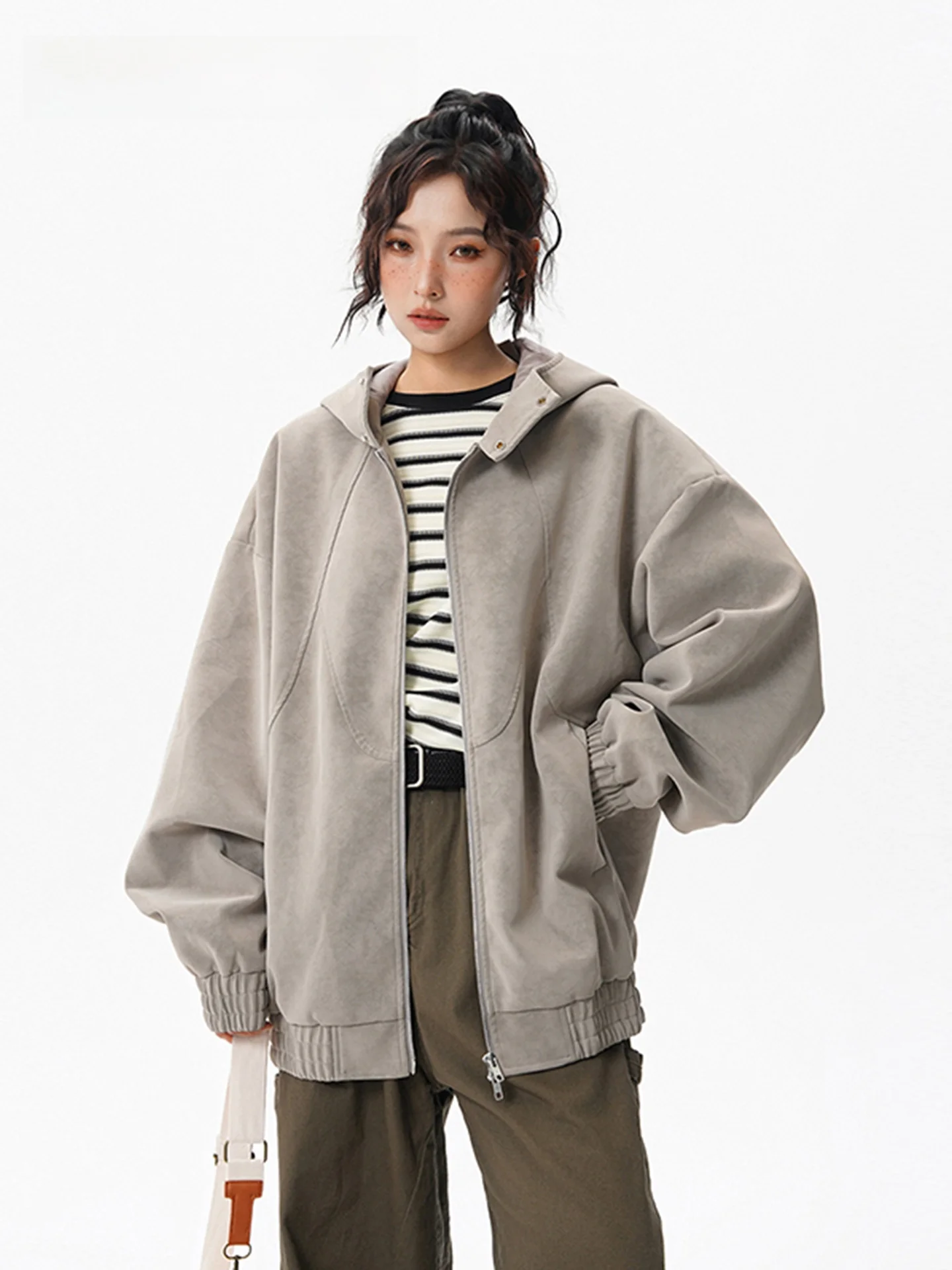 

Hetinghome Men's Loose Fit Hooded Leather Jaet Casual Sle Long Sve Zipper Closure Color Faionable Autumn Coat