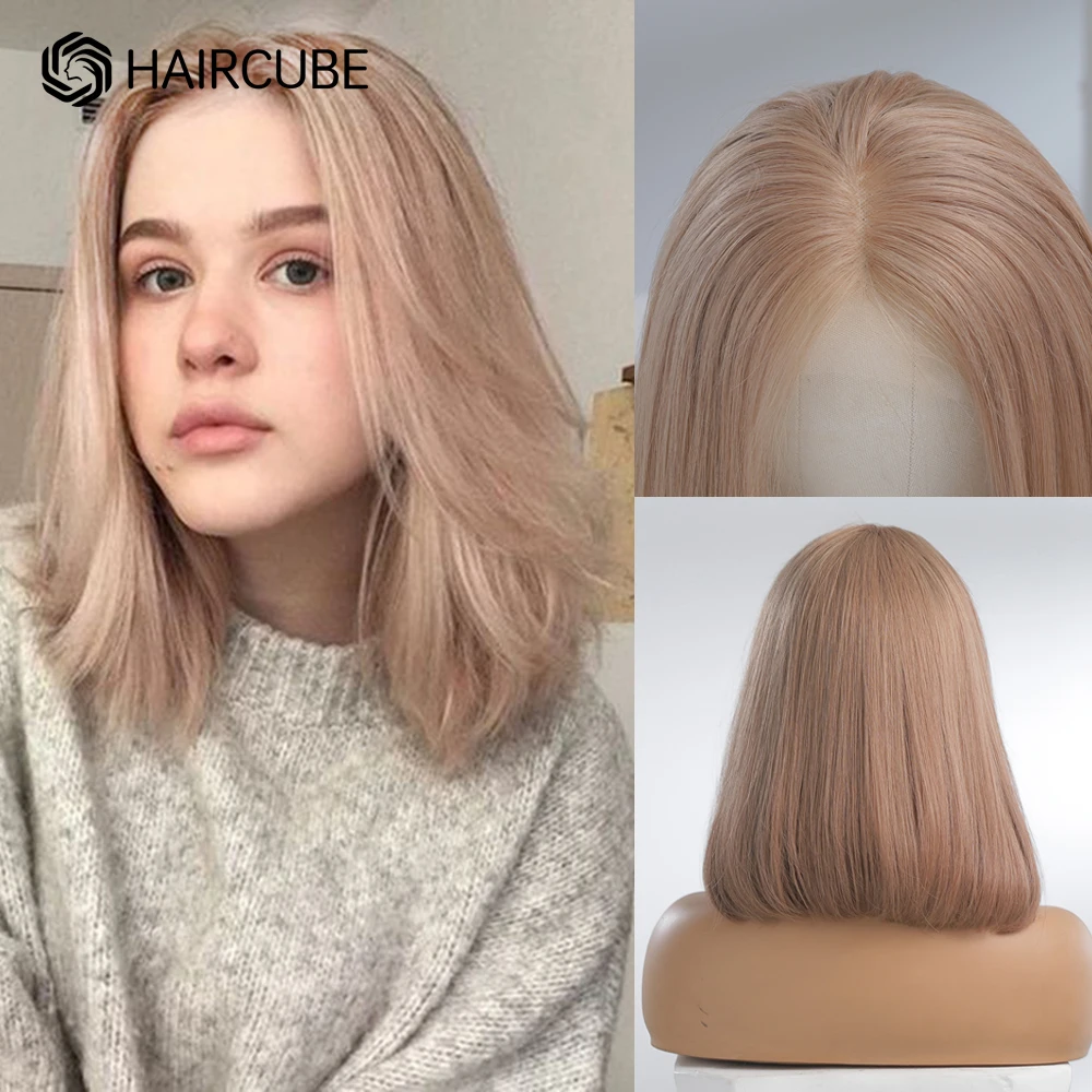 

Парик HAIRCUBE с клубничным оттенком, светлые человеческие волосы для белых женщин, прямой парик с Бобом, 13*1, парики на сетке, женские еврейские парики из человеческих волос