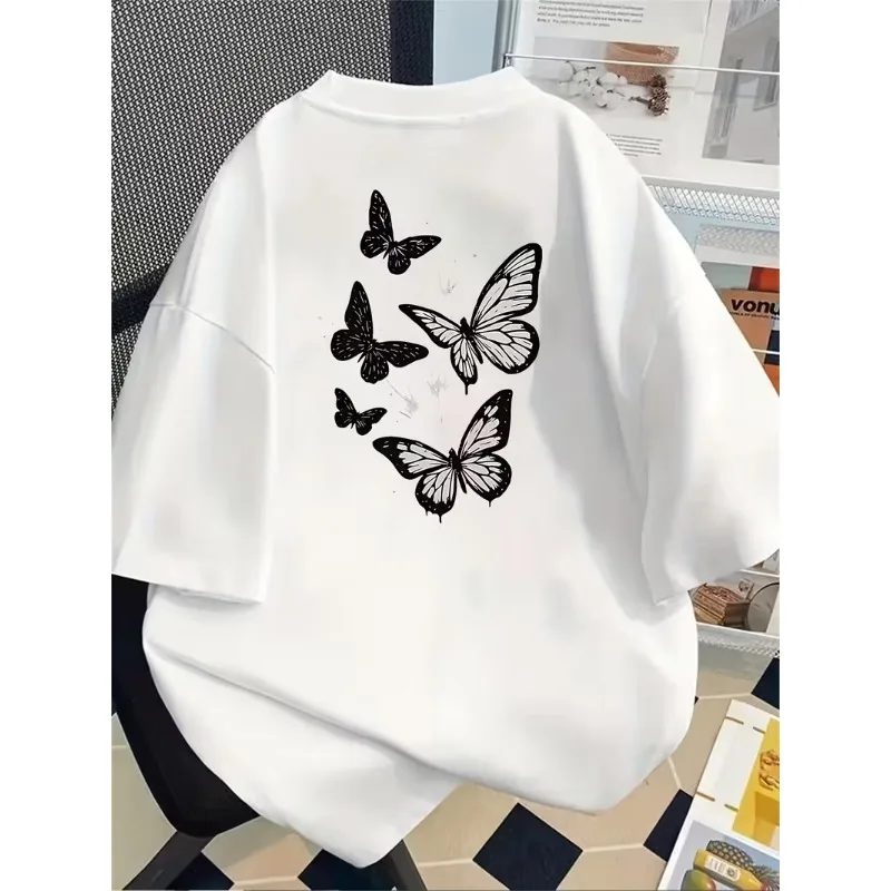 Colorful Watercolor Butterfly Splash Graphic T-Shirt Women’s Casual Crew Neck Short Sleeve Vibrant Artistic Print for Summer