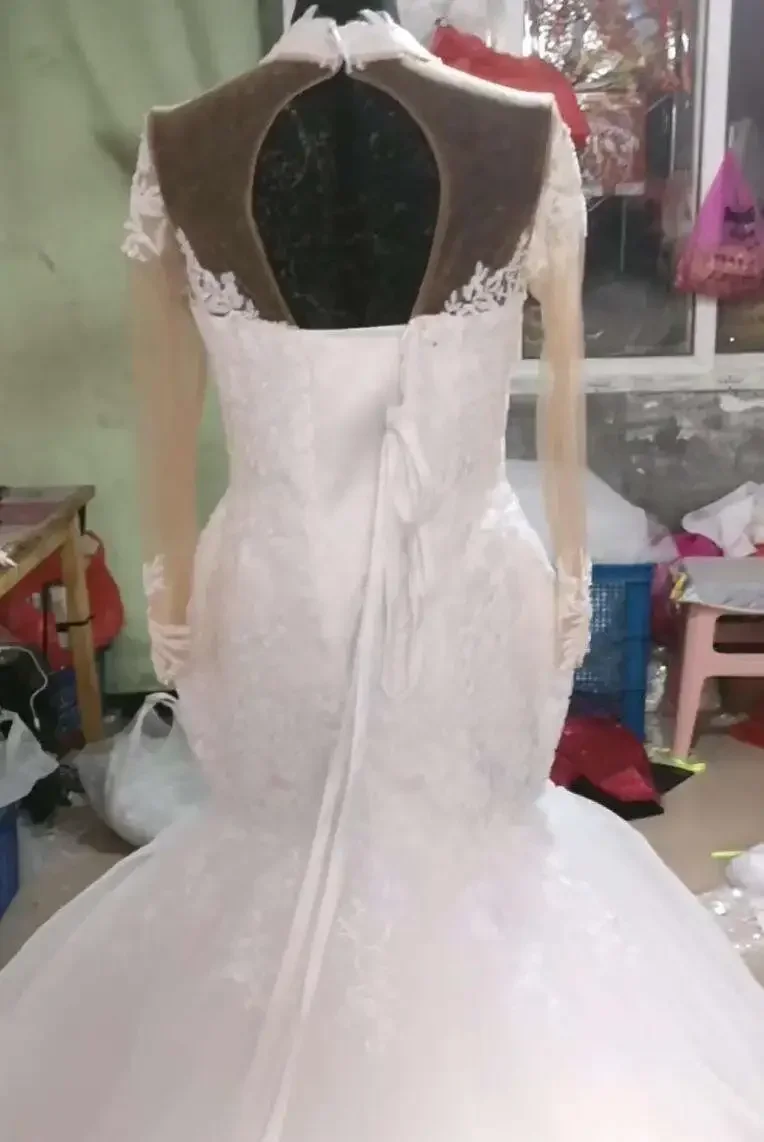 تخصيص تخصيص فساتين زفاف حورية البحر الفاخرة شير كم طويل الرقبة العالية خرز كريستالي ذيل شابيل الزفاف العربية الأفريقية