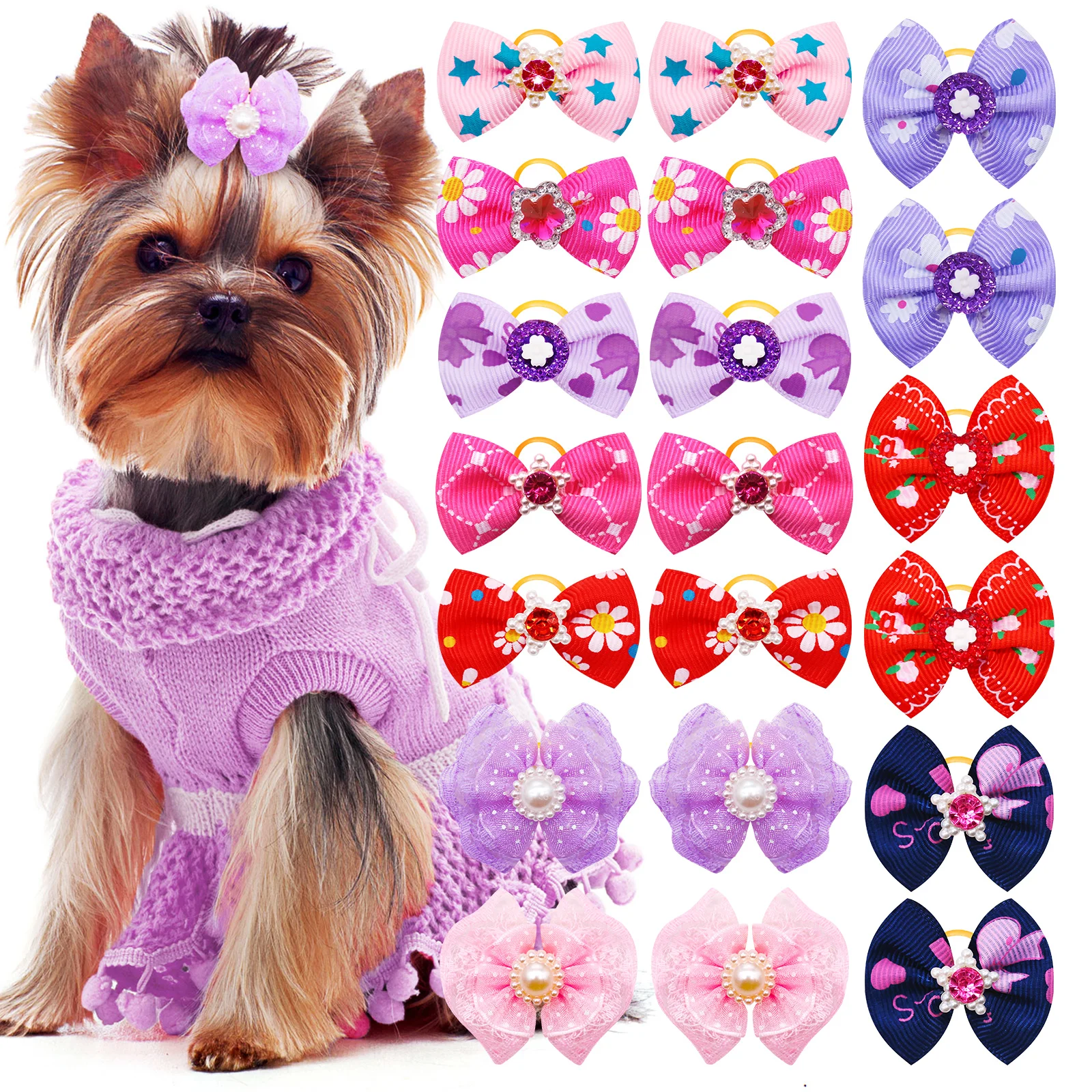 20PCS Pet Dog Cat Hair Bows with Diamond Pearl Pink Puppy Kitten Hair Bow Girl Gifts for Small Dog Pet Grooming Accessories