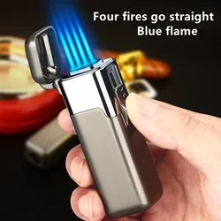 Creative Strong Firepower Butane Gas Lighter Turbo 4 Torch Blue Flame High Pressure Jet Straight Cycle Cigar Lighter Men's Gift