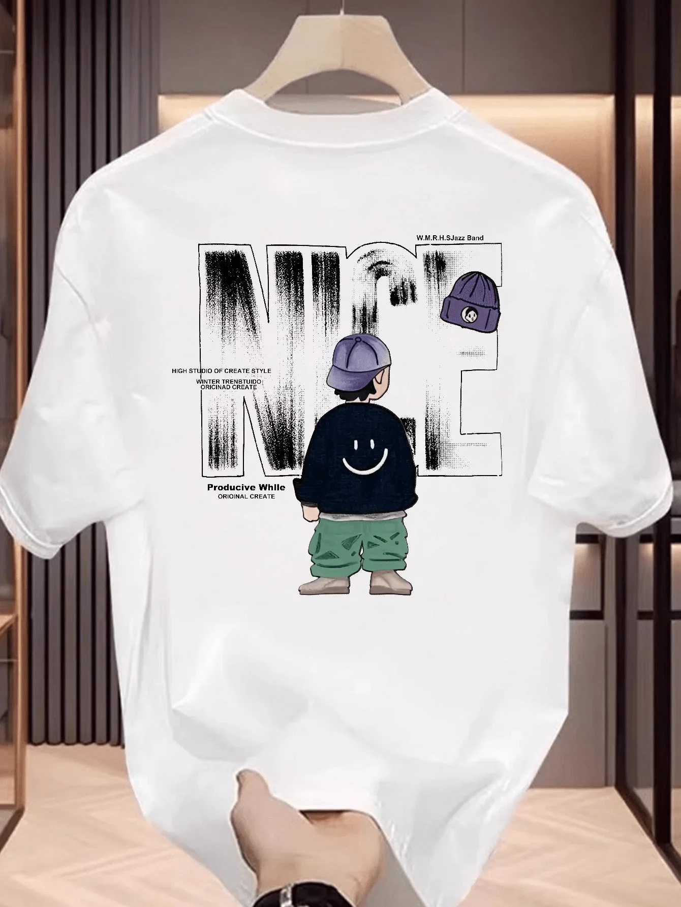 NICE Cartoon Boy Smiley Face Herren-T-Shirt Streetwear Grafik Oversized Baumwolle Kurzarm-Oberteile Sommer Streetwear