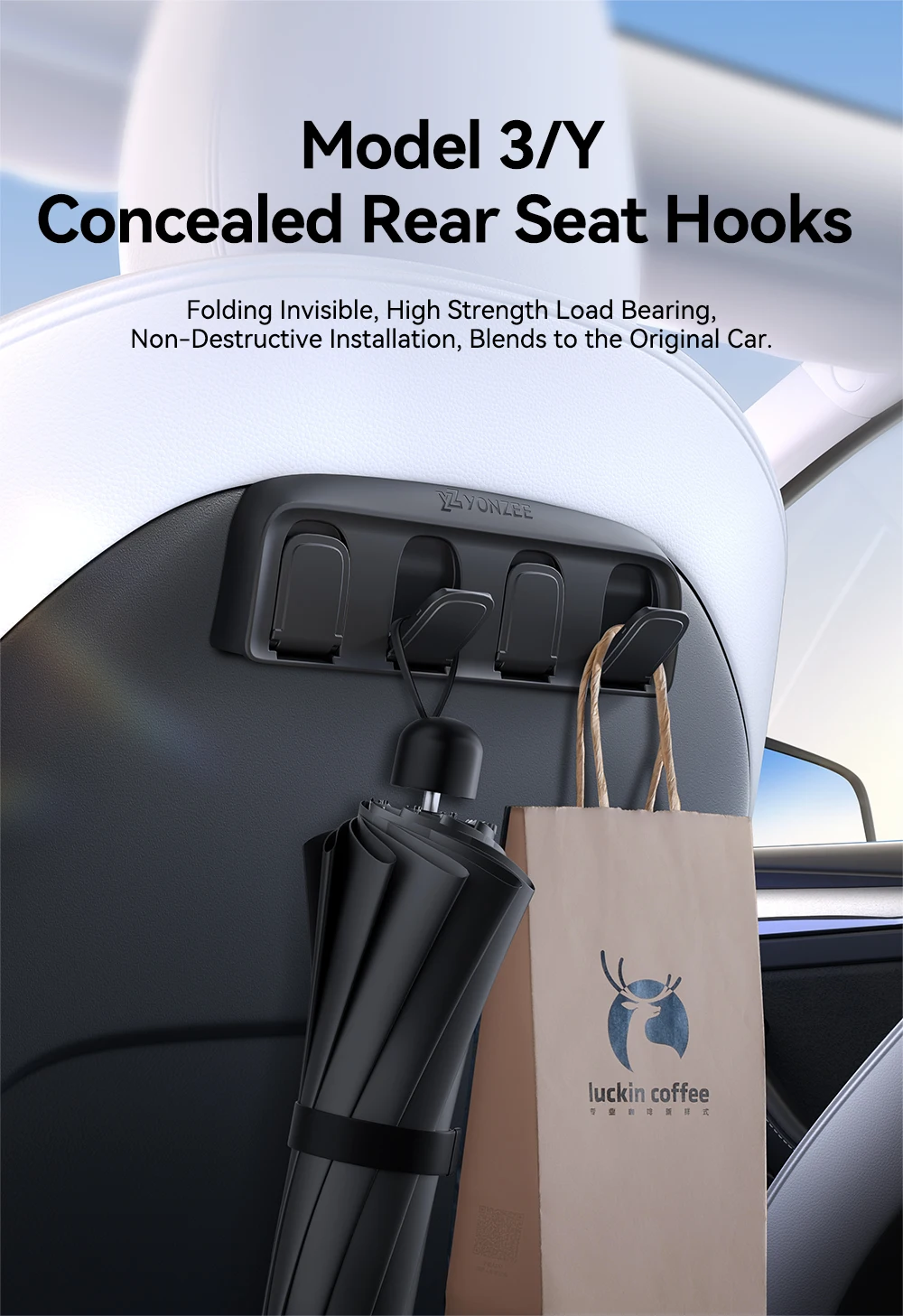 YZ für Tesla Model YL Y 3 Highland Juniper 2021-2026 Klappbarer Auto-Rücksitz-Aufbewahrungshaken Organizer ABS Automobilzubehör – Detail 1