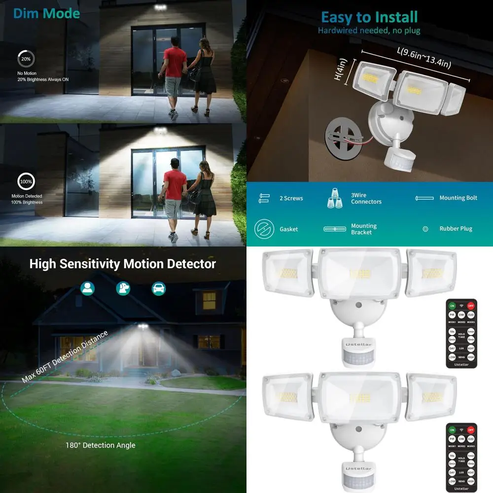 

Комплект из 2 уличных светильников с датчиком движения, 55 Вт, 5500 лм, 5000K, IP65, водонепроницаемые, от заката до рассвета, проводные охранные светильники для двора и дома