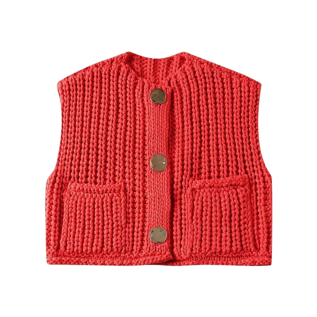 Crop Sleeveless Vest Woman Button Up Knit Vest Women Streetwear Spring Waistcoat Jackets Y2K Pockets Loose Short Sweaters