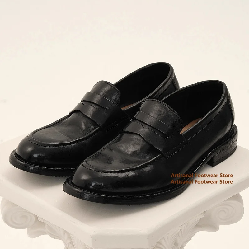 

Vintage Low Top Loafers Black Soft Leather Soft Sole Single Shoes Thick Heel Upturned Toe Slip On Men's Shoes Trendy Office Shoe