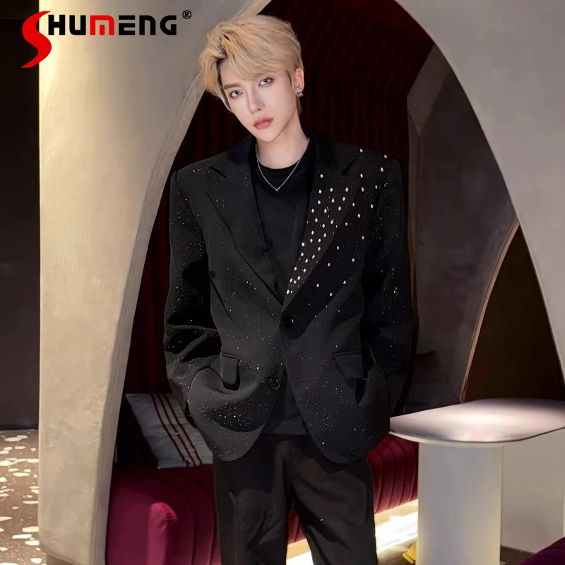 

Men's 2025 Autumn High-End Starry Sky Sequin Suit Jackets Men's Metal Rivet Design High Street Padded Shoulder Tailored Coats