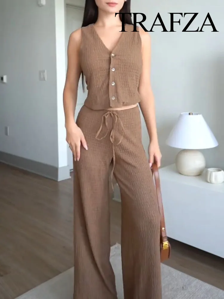 TRAFZA Women Pants Suit V-Neck Single Breasted Solid Texture Casual Vest Top+Elegant High-Waisted Drawstring Wide Leg Pants