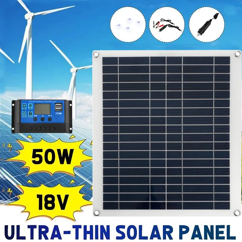 50W 18V Solar Panel Portable Dual USB Solar Cell Battery Charge Power Bank for Mobile Phone Outdoor Camping Fishing Hiking