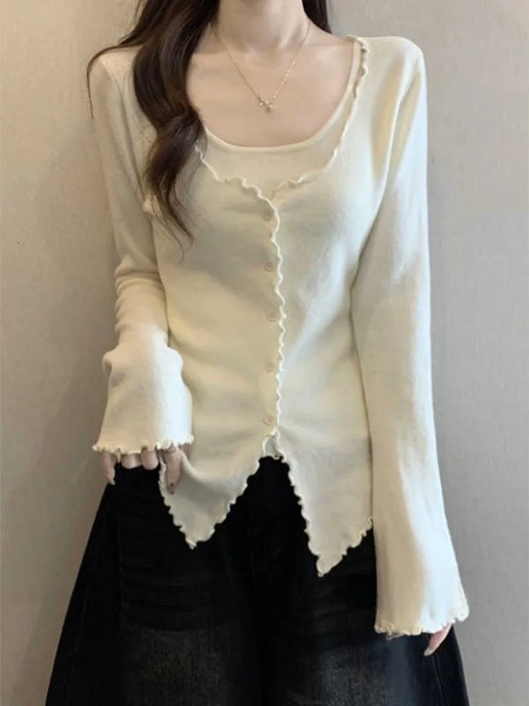 

Slimming Effectiven Pure Knitted Square Collar Long Sve Base irt Women Early Spring New Sle Waist Inward Match Wood...