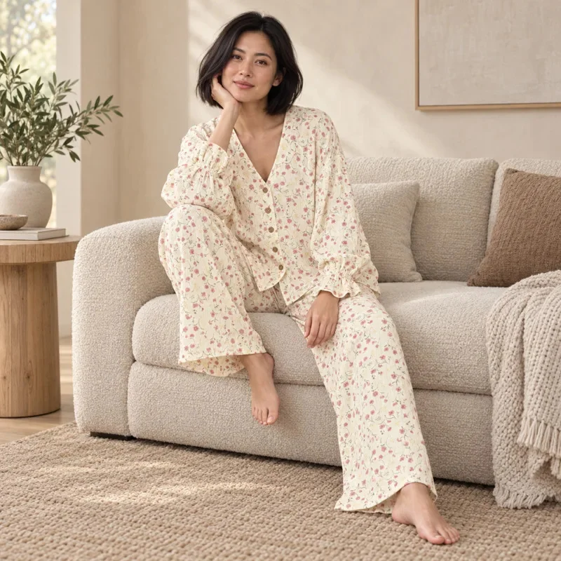 Women Cotton Pajamas Set Floral Print Long Sleeve V Neck Button Down Loungewear Autumn Loose Comfy Sleepwear Home Clothes