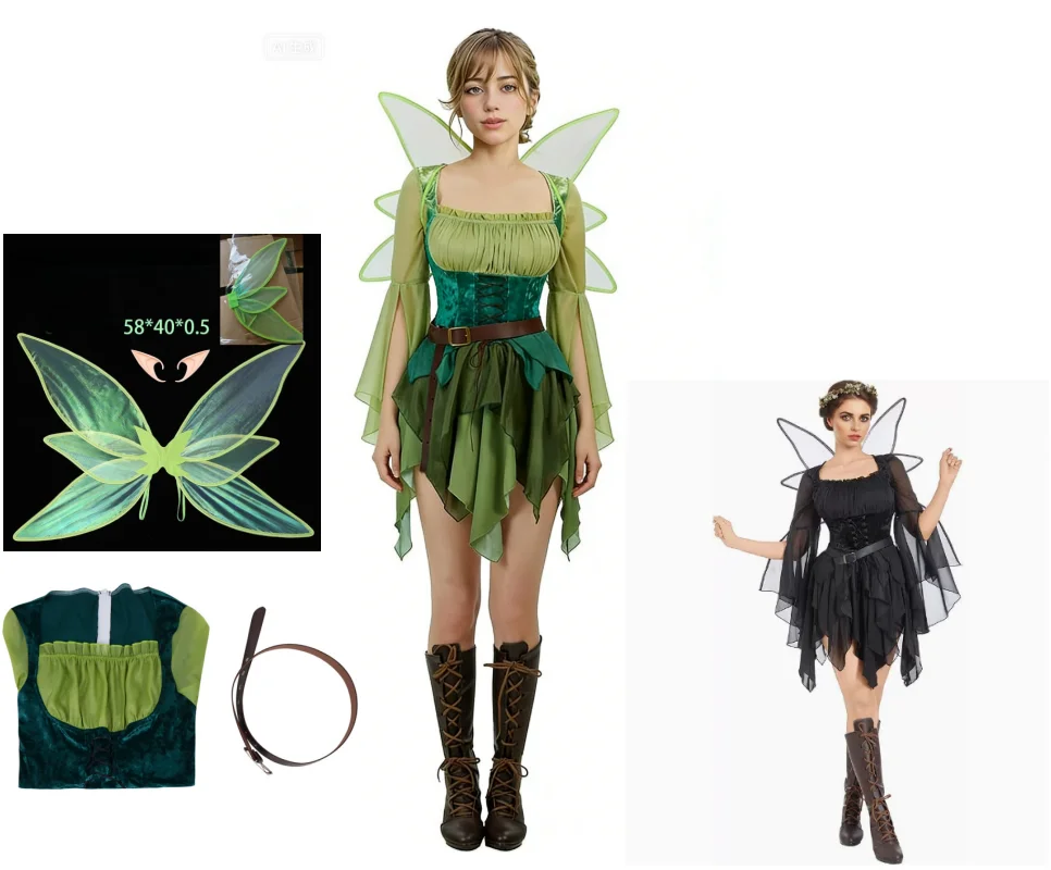 

Women's Elf Cosplay Medieval Green Magic Elf Dress with Wings Halloween Carnival Halloween Role-play Costumes and Wing and Ear