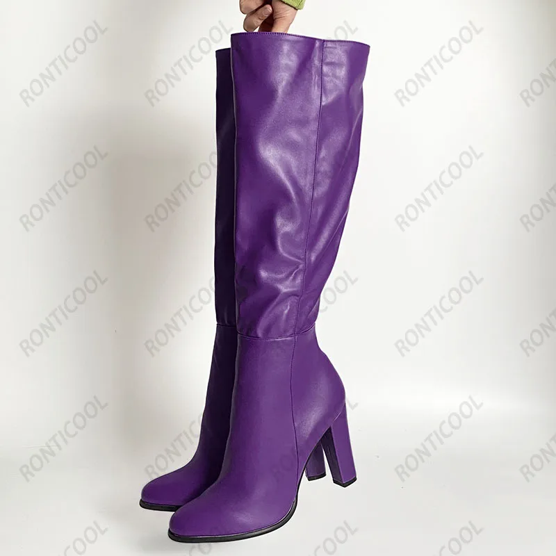 Ronticool High Quality Handmade Women Winter Knee Boots Side Zipper Chunky Heels Round Toe Black Dress Shoes Plus US Size 5-20