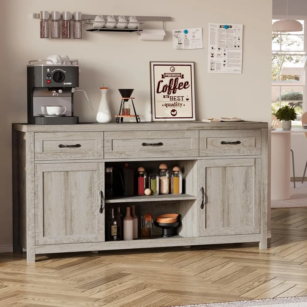 

58-дюймовый фермерский буфет с местом для хранения вещей, шкаф для кафе-бара с ящиками и полками, деревянный сервант с 2 дверцами сарая