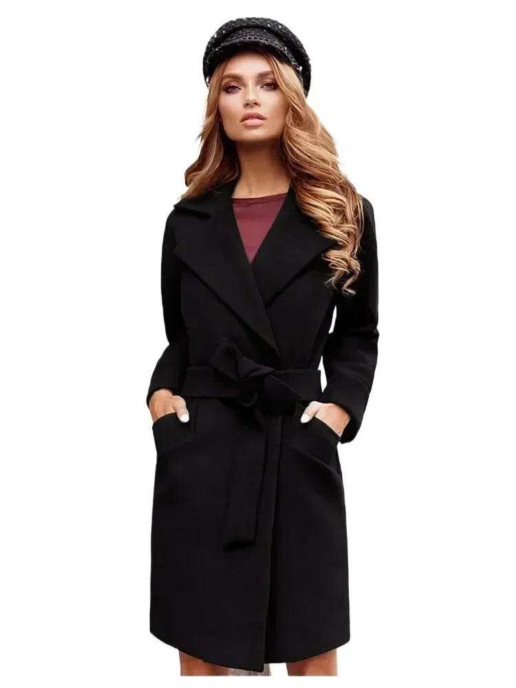 Autumn and Winter Women\'s Fashionable Slim Fit Waist Belt  Lapel Wool Jacket  Women\'s Fashionable Solid Color Trench Coat