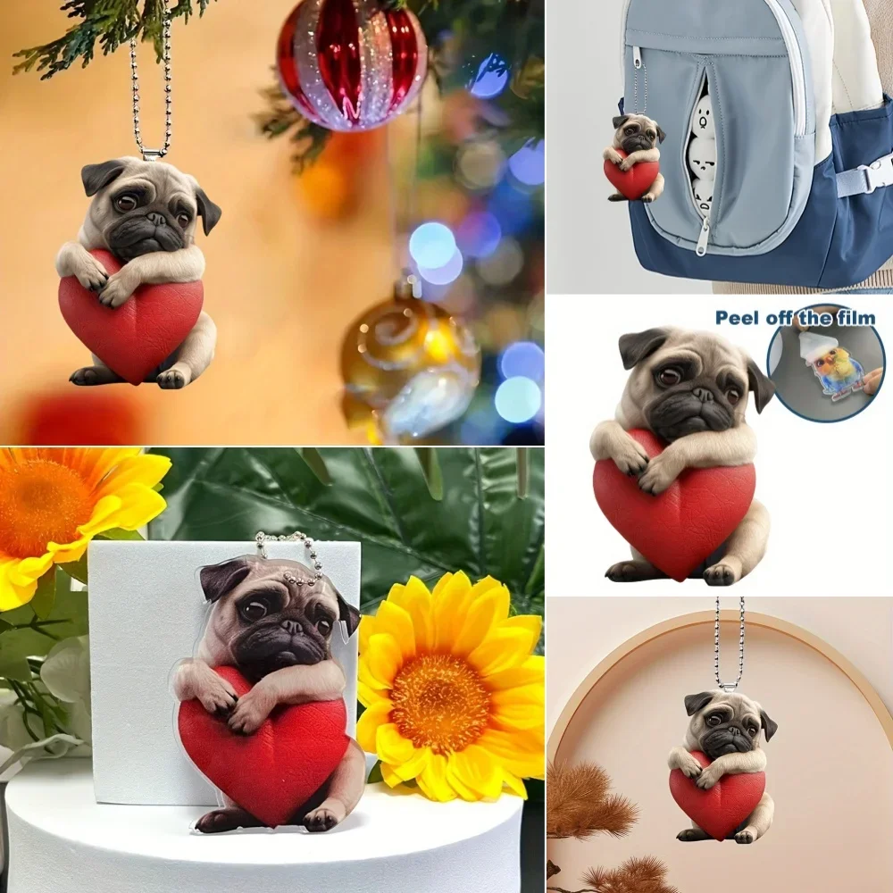 Adorable Pug Dog with Heart Keychain Cute Puppy Acrylic Pendant Versatile Charm for Car Mirror,Backpacks,Home,Festive,Gift&Decor