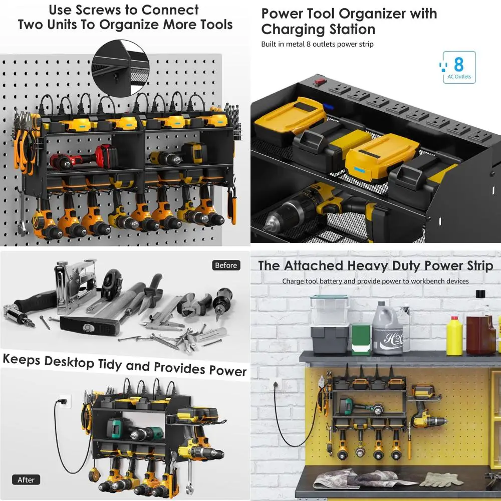 

CCCEI (3) Органайзер для электроинструментов Настенная зарядная станция, черный держатель для 6 сверл с удлинителем с 8 вилками, аккумулятор для гаражной дрели