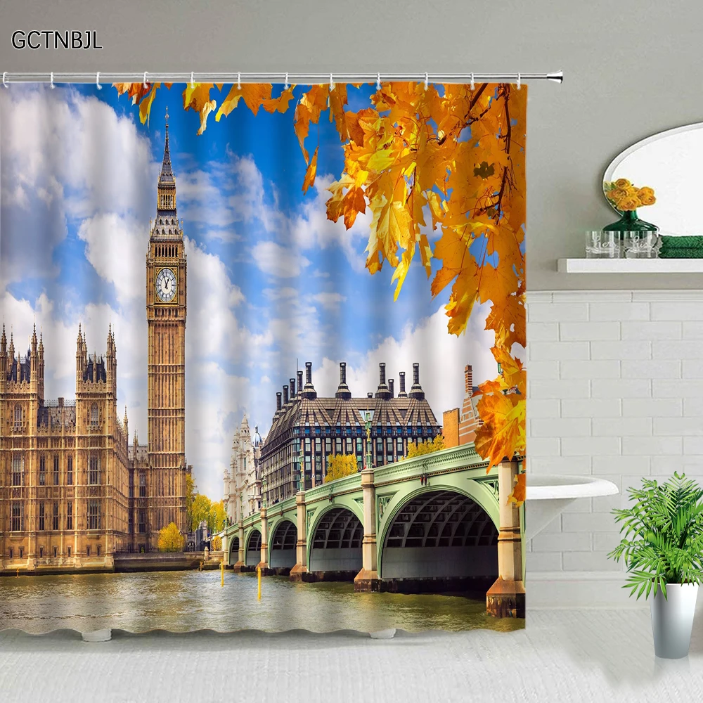 London Street Shower Curtain Retro Oil Painting European City Scenery Red Bus Bathroom Curtain Polyester Fabric Bathroom Product