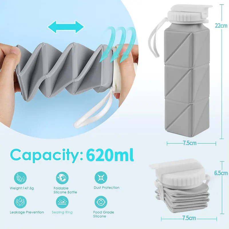 620ml Collapsible Water Bottle Cup with Straw Lid Leakproof BPA Free Silicone Foldable Water Bottle for Travel Gym Camping Sport view 2