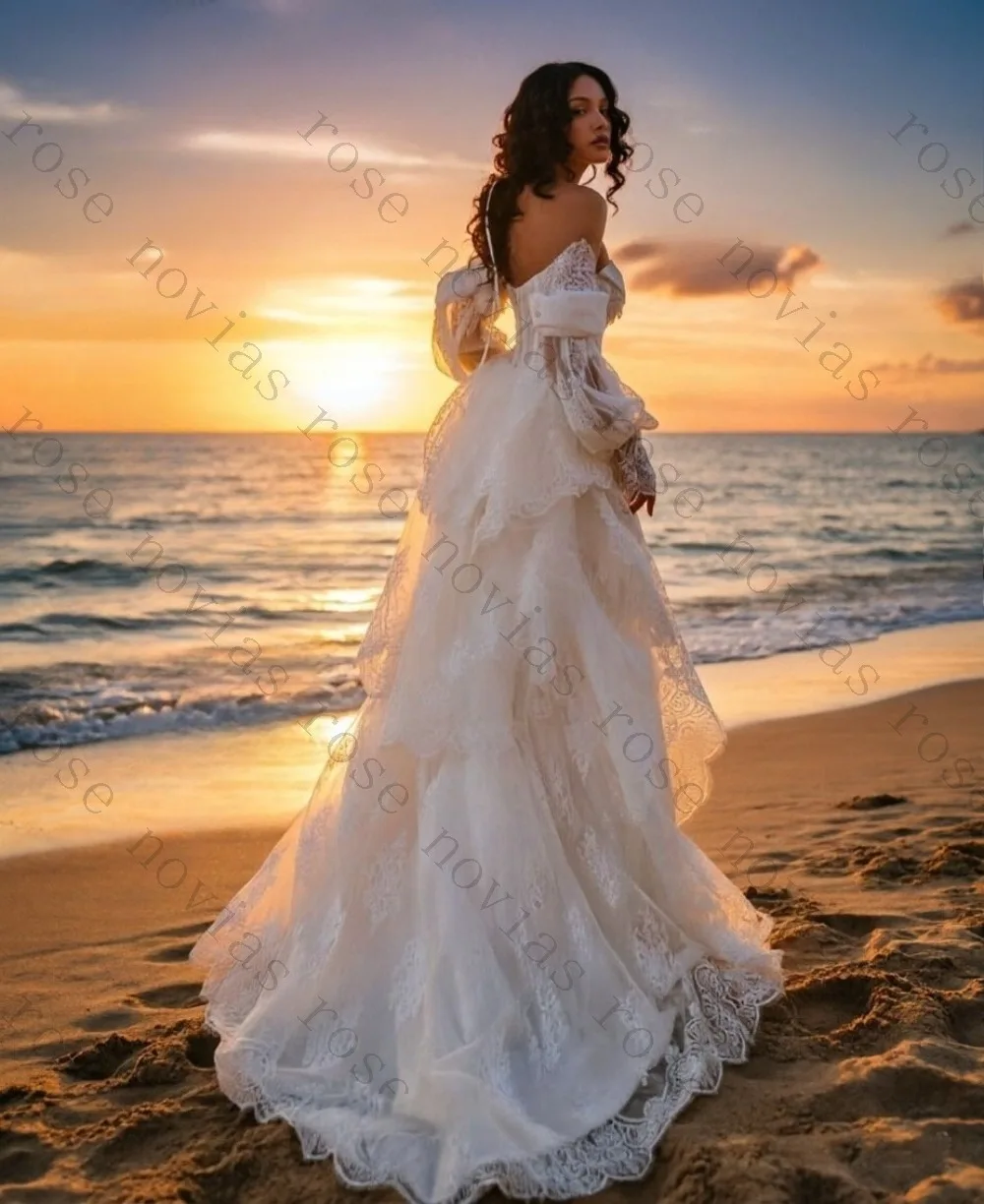 Customized Vintage Lace Puff Sleeve Mermaid Wedding Dress 2026 Detachable Train Satin Corset Bridal Gown Romantic Gothic Style