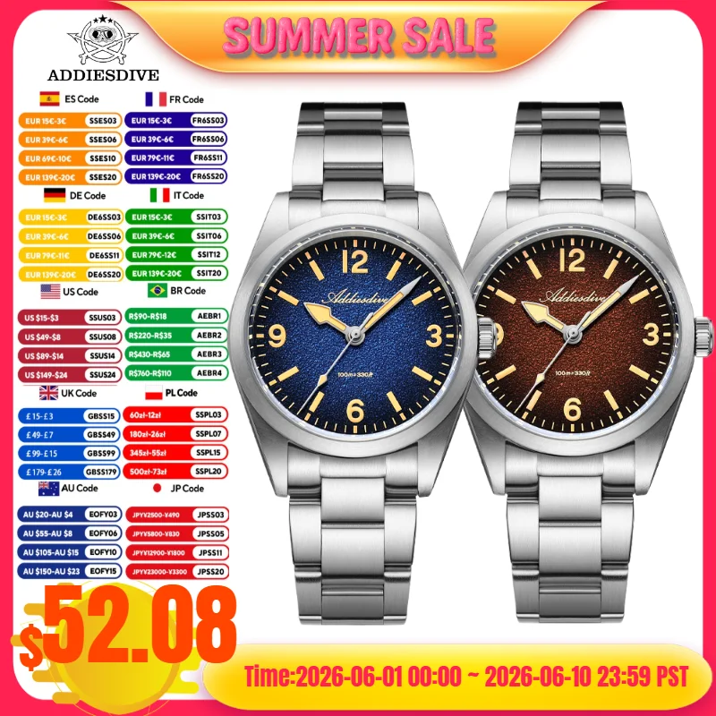 

ADDIESDIVE reloj hombre Men's Watch 10Bar Waterproof C3 Super Luminous Sapphire Glass 316L Stainless Steel Quartz Watch AD2544