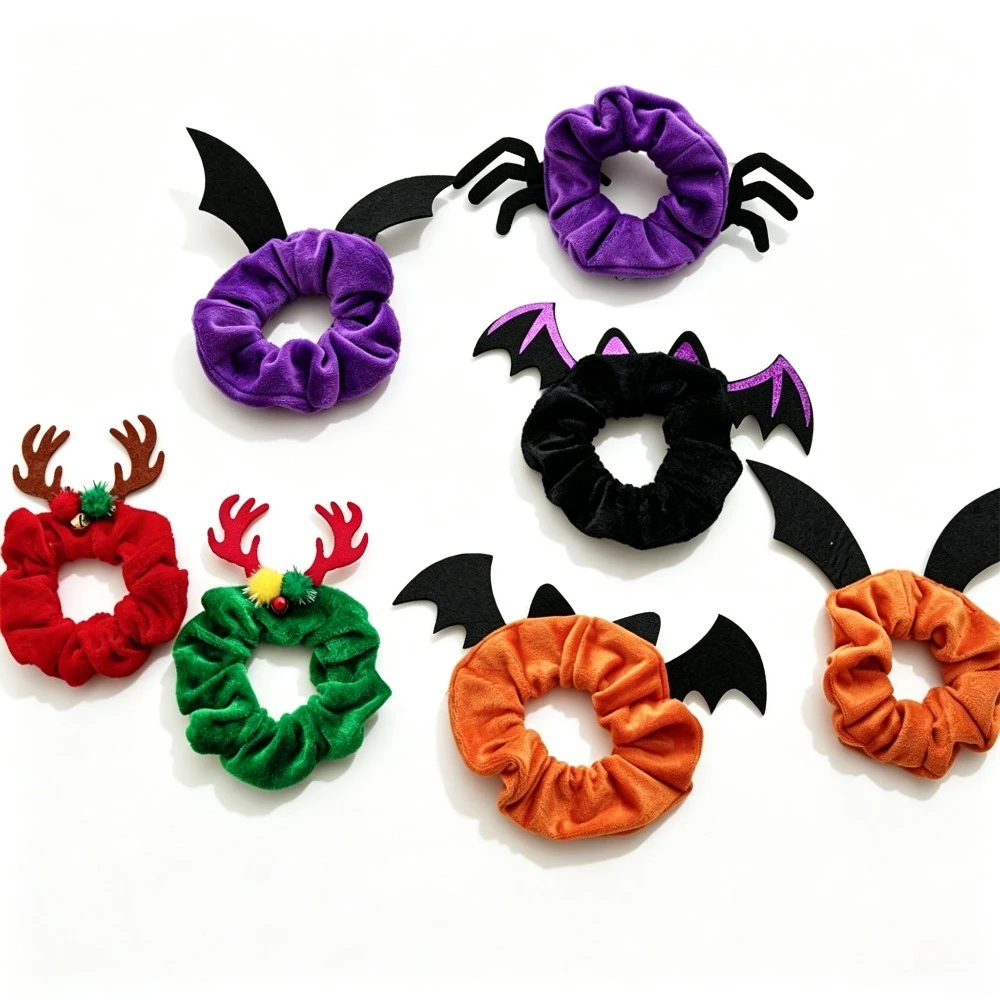 1Pc Halloween Christmas Bat Antler Scrunchies, Funny Velvet Hair Ties for Women, Festival Costume Headwear