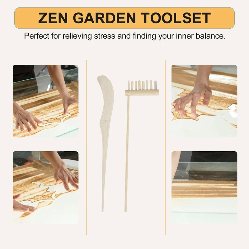 Mini Japanese Zen Garden Rake Bamboo Tool Set, Wooden Sandbox Sand Play Therapy Toy Kit For Spiritual Peace Meditation