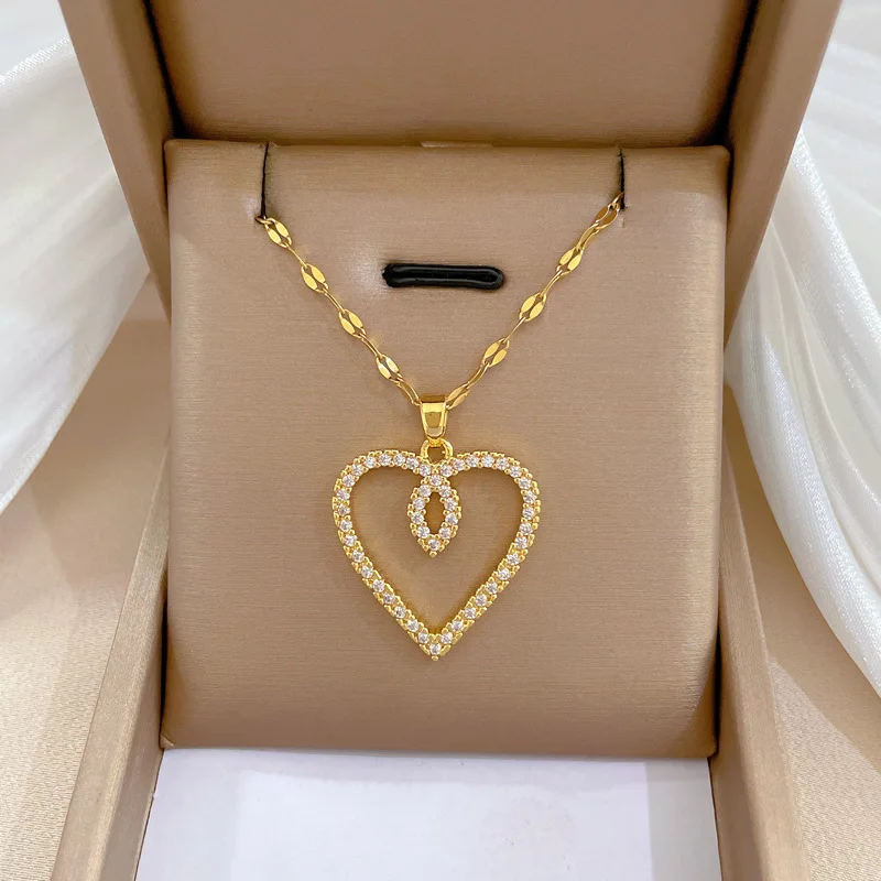 Trend ige Herz Edelstahl Zirkonia Halsketten für Frauen Mädchen lieben Gold Farbe Metall Halskette Party Geburtstag täglichen Schmuck