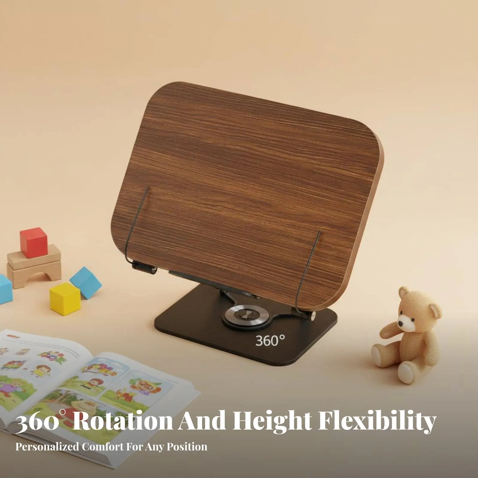 adjustable-book-easel-360°-rotating-base-adjustable-bookrest-with-page-holders-multi-functional-ergonomic-for-children-library